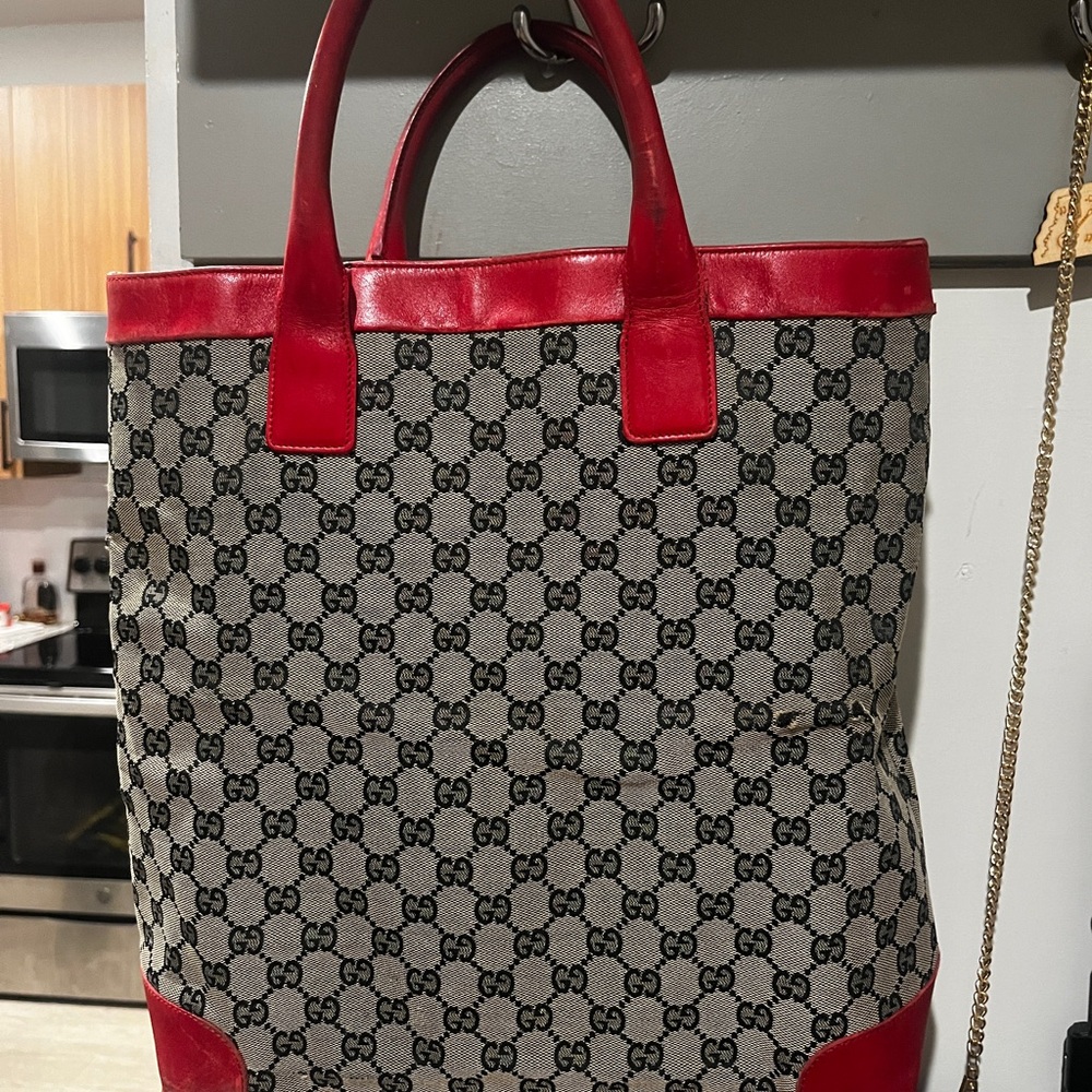 Bagriculture Reposh: Gucci Red and Gray Monogram Tote Bag